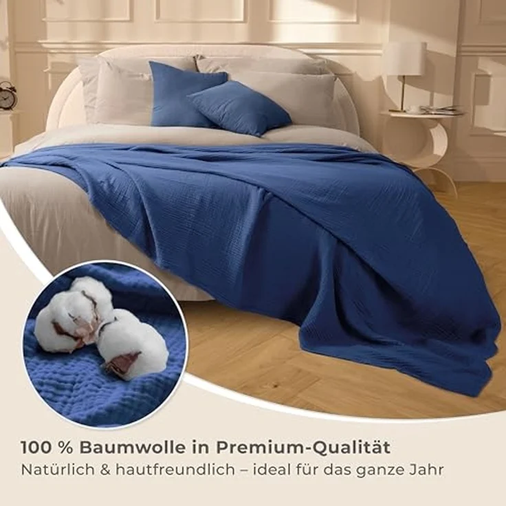 LAYNENBURG Premium Musselin Tagesdecke 180x220 cm - 100% Baumwolle - extraweiche Baumwolldecke als Kuscheldecke, Bett-Überwurf, Sofa-Überwurf, Couch-Überwurf - warme Sofa-Decke (Blau) – Bild 4