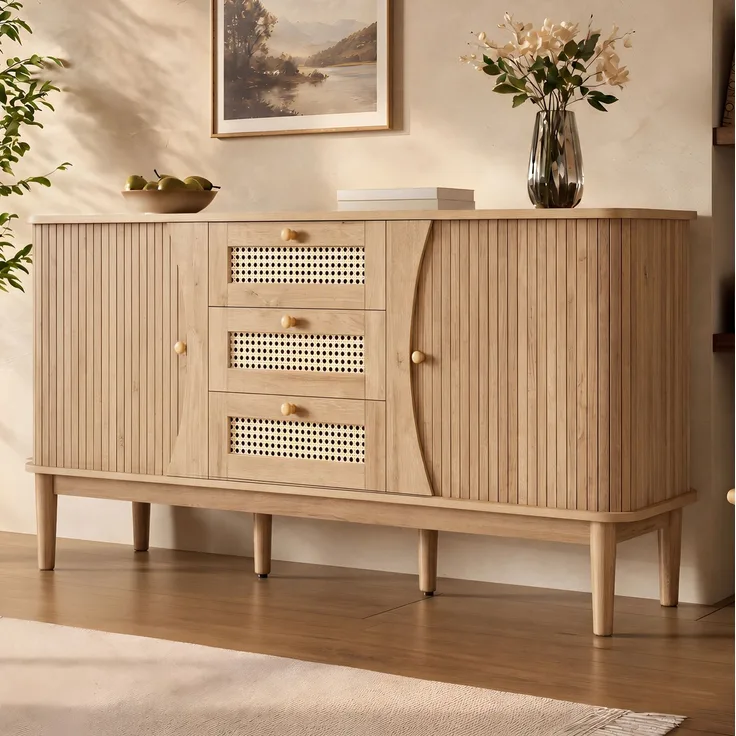 Sideboard 141 x 40 x 77 cm mit 3 Rattanschubladen und Schiebetüren – Natur