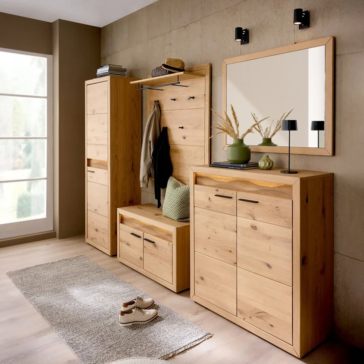 Linea Natura 'CLEVELAND' Wandgarderobe Paneel Asteiche massiv, Teilmassiv wildeiche, 99.6 x 116.6 x 24 cm, mit 5 Haken und Ablage – Bild 2