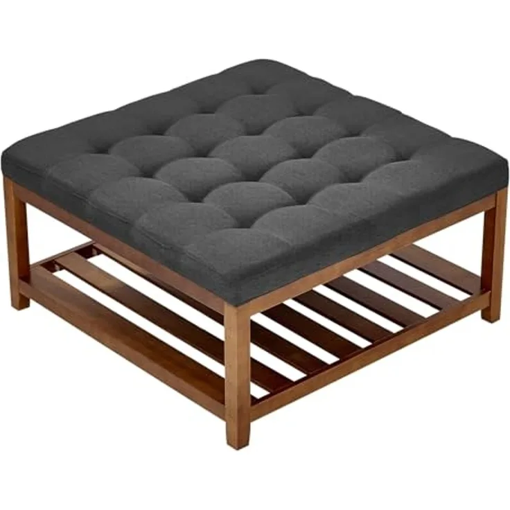 VEVOR quadratischer Couchtisch (875 x 875 x 445 mm) mit Ablagefläche aus Massivholz, massiv gepolsterte Ottomane mit Fußstütze aus Leinen für Schlafzimmer Wohnzimmer, 181,44 kg, Dunkelgrau