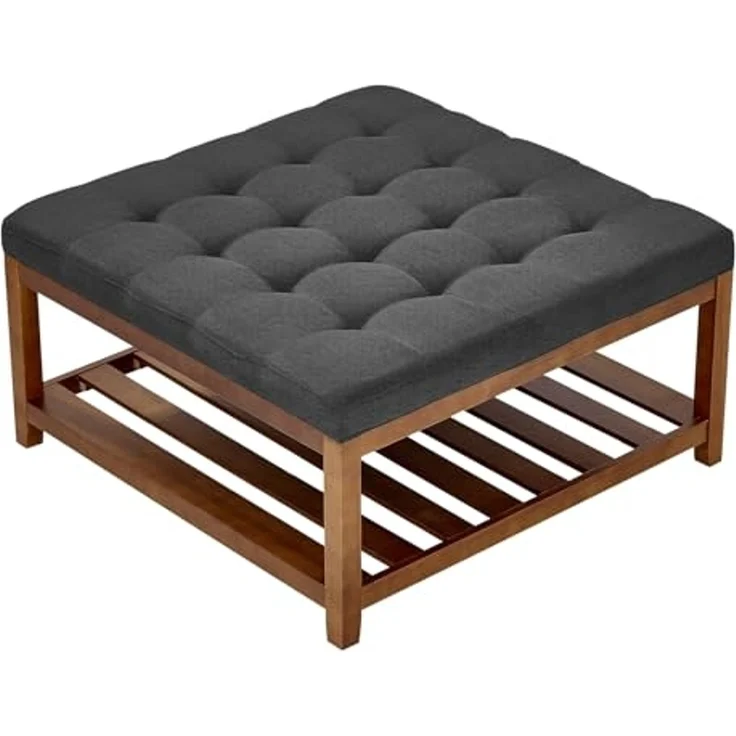 VEVOR quadratischer Couchtisch (875 x 875 x 445 mm) mit Ablagefläche aus Massivholz, massiv gepolsterte Ottomane mit Fußstütze aus Leinen für Schlafzimmer Wohnzimmer, 181,44 kg, Dunkelgrau – Bild 1