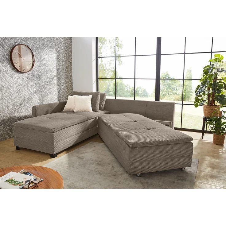 Ecksofa-Dauerschläfer Doppelbett Federkern Bettkasten Couch in Cord Braun Taupe – Bild 4