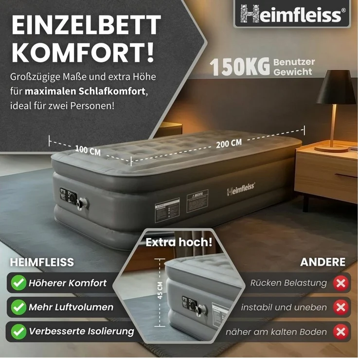 Heimfleiss® Luftmatratze 1 Person | Premium Luftbett selbstaufblasend 100x200 cm | Schnell Aufblasbare Matratze ideal nutzbar als Gästebett & Reisebett | Selbstaufblasbare Camping Air Mattress + Pumpe – Bild 3
