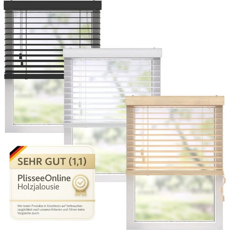 Plisseeonline Jalousie Holzjalousie, Wand/Decke und Fenstermontage, Wand,-Deckenmontage, Bis 150 cm breite und 130 cm höhe Fenstermontage Klemmfix inkl, Mit Holzmaserung – Bild 1
