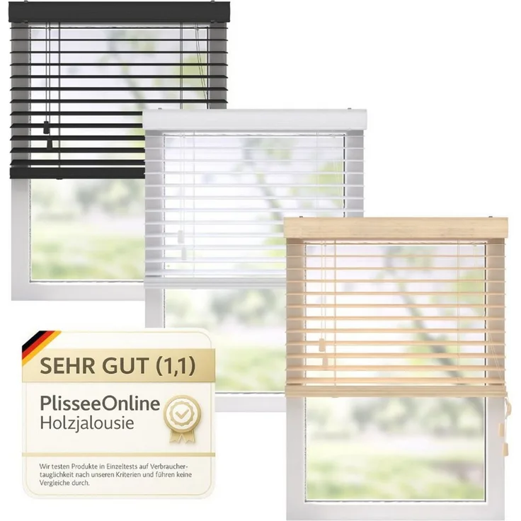 Plisseeonline Jalousie Holzjalousie, Wand/Decke und Fenstermontage, Wand,-Deckenmontage, Bis 150 cm breite und 130 cm höhe Fenstermontage Klemmfix inkl, Mit Holzmaserung