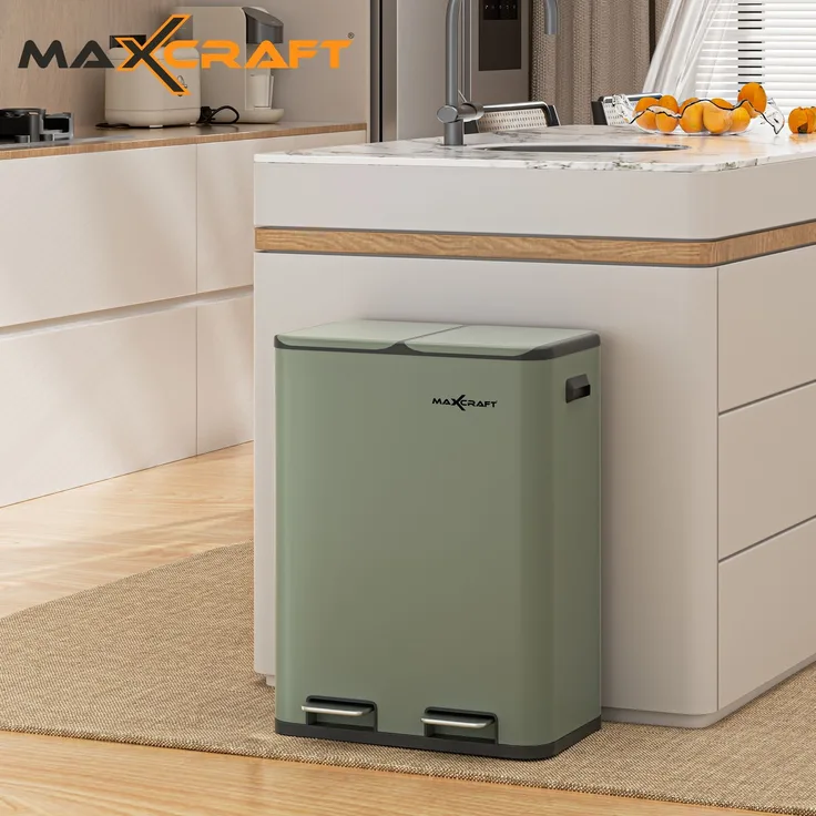 MAXCRAFT Küchen-Mülleimer 60L – Treteimer mit Soft-Close & Doppelfach für Mülltrennung, Grün