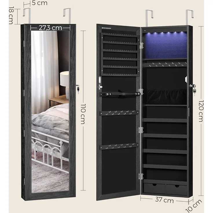 Songmics 'JJC093B01' Schmuckschrank mit Spiegel, Holz, schwarz, 37 x 10 x 120 cm – Bild 5