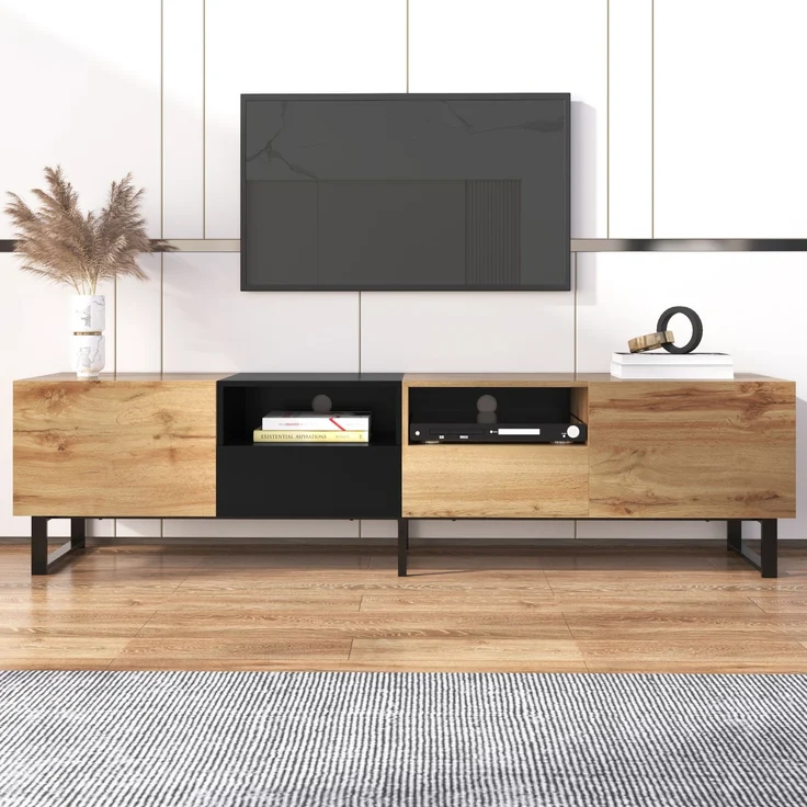 TV-Lowboard 190 cm mit Türen und Schubladen, moderner Fernsehtisch in Schwarz und Holzoptik – Bild 3