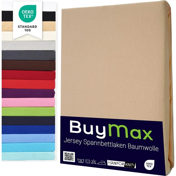 Buymax® Spannbettlaken 120x200 cm Baumwolle 100% Spannbetttuch Bettlaken Jersey, Matratzenhöhe bis 25 cm, Farbe Sand – Bild 1