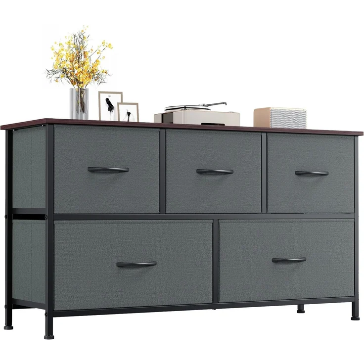 Somdot Kommode mit 5 Stoffschubladen, Schlafzimmer, Kohlegrau | Komodenschrank, Stoffkommode, Großer Stauraum, Metrallrahmen, Holzwerkstoffoberplatte,Wohnzimmer, Flur, 30T x 100B x 55H