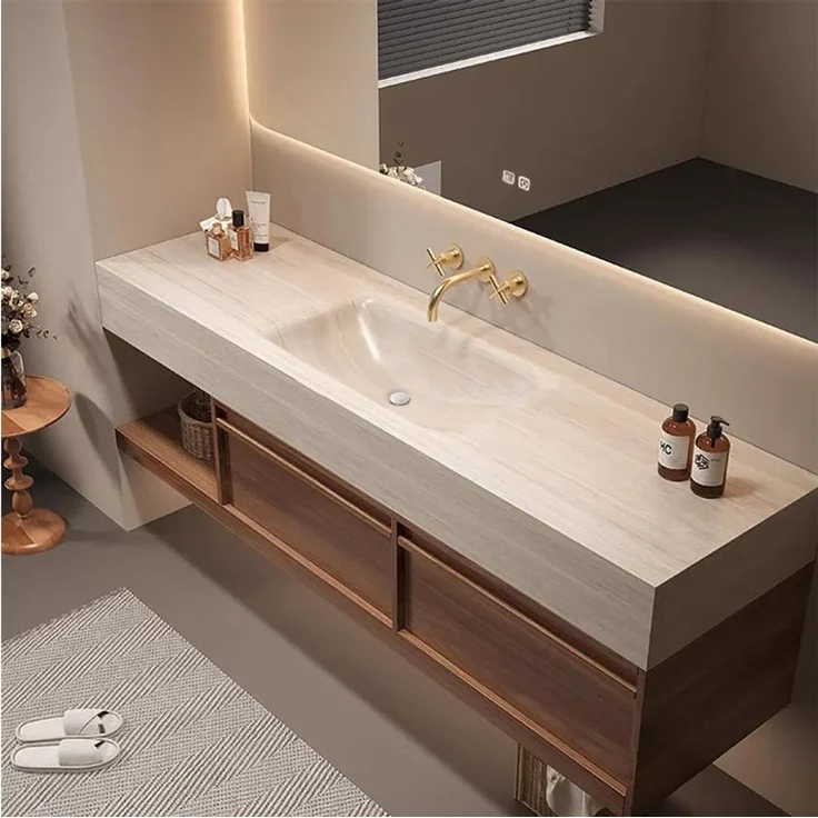 Muxing Badmöbel-Set Waschtisch-Set in Travertinoptik mit Spiegel und Unterschrank, (Set) – Bild 4