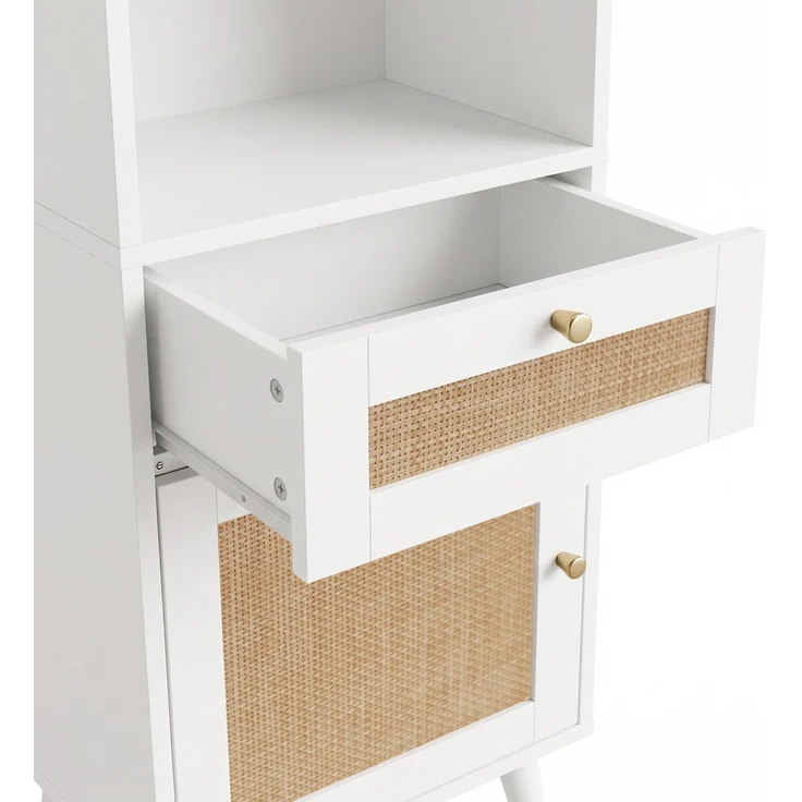 Flieks Badezimmer-Hochschrank 40x30x166 cm, Badschrank aus weißem MDF mit Rattan-Türen, Schublade, Soft-Close & wendbarer Montage – Bild 8