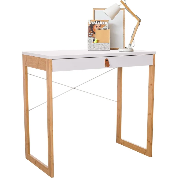 hjh LIVING Schreibtisch mit 1 Schublade 80x42 cm TAROLO II Bambus Gestell, Kleiner Tisch im skandinavischen Stil, Computertisch Weiß – Bild 1