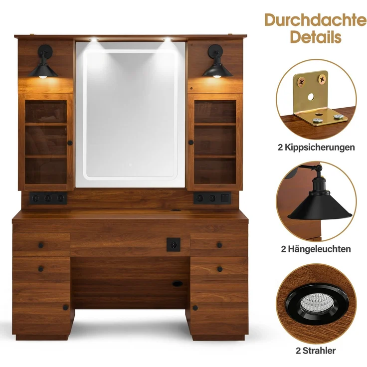BarberPub Friseurplatz mit 4 Schubladen, Schminktisch mit Spiegel, Bedienungsplatz mit 6 Ablagen & 2 Schränken, Spiegelschrank mit Beleuchtung, Spiegeltisch Friseureinrichtung, J3158 (Schwarz-Gold) – Bild 6