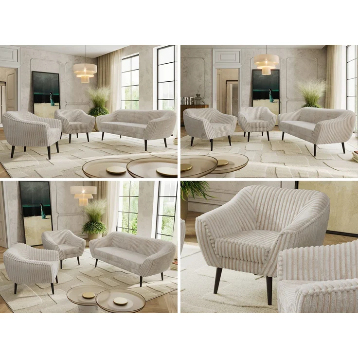 Wohnzimmerset PIRS 1-1-3, Skandinavisches 3-Sitzer Sofa mit Sesseln, Sofa mit Wellenfederung, schwarze Füße, Skandinavisches Möbelset - Beige Cord – Bild 2