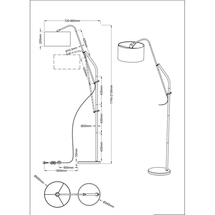 NOWA Stehlampe Stehleuchte ALTO, Ein-/Ausschalter Fußschalter, ohne Leuchtmittel, frei wählbar, Stehlampe modern – Bild 8