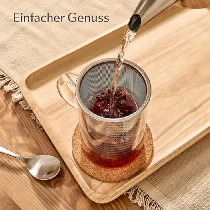 Cosumy Teeglas Teetasse mit Deckel und Sieb - Teeglas mit Sieb & Untersetzer 400ml, 1-tlg, Glas, Zubereiter inkl. Untersetzer - Geschenk Tasse - Feinmaschiger Filter – Bild 3