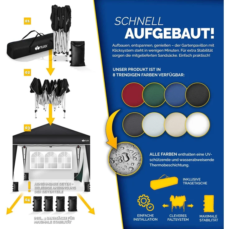 tillvex Pavillon 3x3m Schwarz - mit 2 Seitenteilen wasserdicht | Pop-Up Faltpavillon höhenverstellbar | Gartenzelt UV Schutz 50+ | Partyzelt mit Tasche für Garten – Bild 10