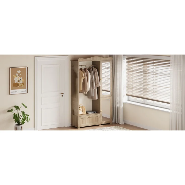 Garderobenschrank mit Spiegel & Offener Kleiderständer – ,Kompaktgarderobe,Praktische Aufbewahrung mit Schublade & 2 Türen, Ideal für Schlafzimmer & Flur--Eiche--115.5x38.5x194.5cm--YOUDENOVA – Bild 7