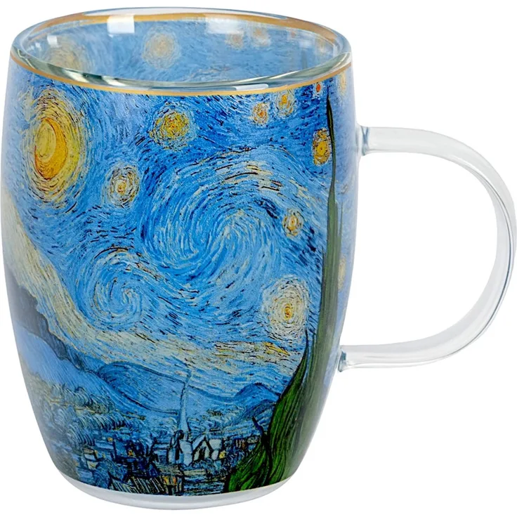 DUO ART GALLERY Glasbecher 350 ml STARRY NIGHT inspired by Van Gogh, doppelwandiges Kristallglas