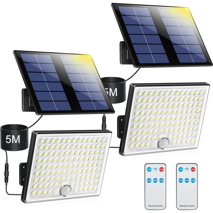 Realky Solarlampen für Außen mit Fernbedienung,Außenlampe mit bewegungsmelder,IP65 Wasserdichte Solarleuchte mit 5m Kabel für Garage, Garten, Hof, Stufen, Haustüren, Rasen- 2 Stück Warmweiß – Bild 1