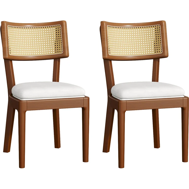 Esszimmerstühle 2er-Set 88cm×50cm×58cm aus Massivholz und Rattan – mit Leinenkissen, Walnuss – Bild 4