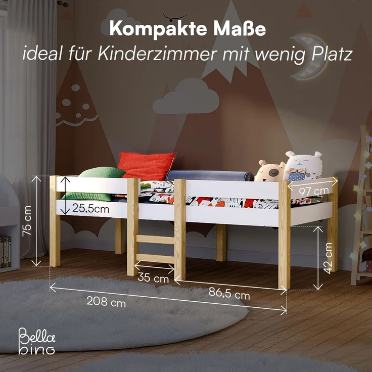 Bellabino 'Aspy' Halbhochbett 90x200 cm mit Matratze, weiß, Kinderbett mit Rausfallschutz und Lattenrost, Hochbett mit Leiter – Bild 8