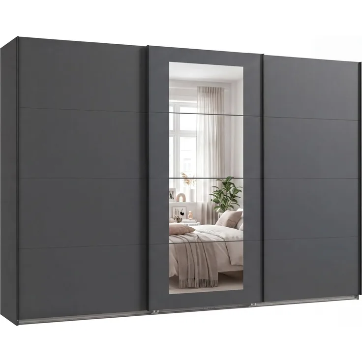 Schwebetürenschrank 3-trg Kleiderschrank 313 cm in Grafit Spiegel Griffe schwarz