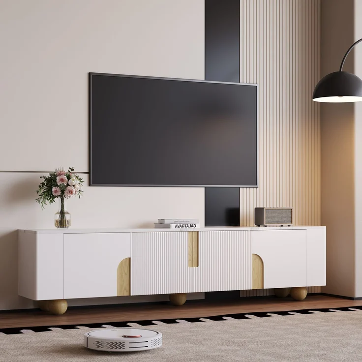 TV-Schrank 180 cm Weiß Holzoptik mit Marmoroberfläche, 4-türig, Massivholzfüße, modernes Sideboard fürs Wohnzimmer – Bild 2
