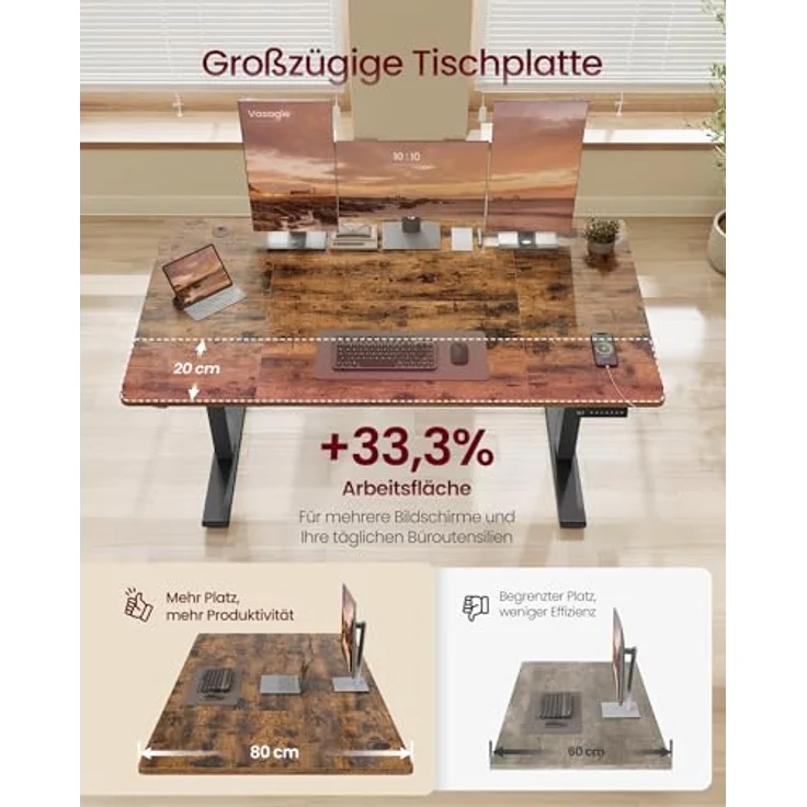 VASAGLE Höhenverstellbarer Schreibtisch, 140x80 cm, USB-C-Anschluss, Ablage für Steckdosenleiste, Stehtisch, Erinnerung bei langem Sitzen, 3 Speichertasten, für Büro, vintagebraun LSD144KD02 – Bild 5