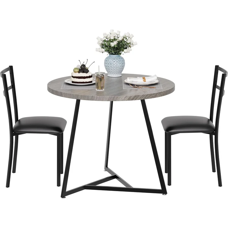 IDEALHOUSE 3-Teiliges Esszimmer Set Für 2 Personen, Esstisch&2 Gepolsterte Stühle, Platzsparend Esszimmermöbel-Set, Metall Und Holz, Stabil, Tisch Essgruppe Mit 2 Stühlen Für Kleine Räume, Küche-Grau3