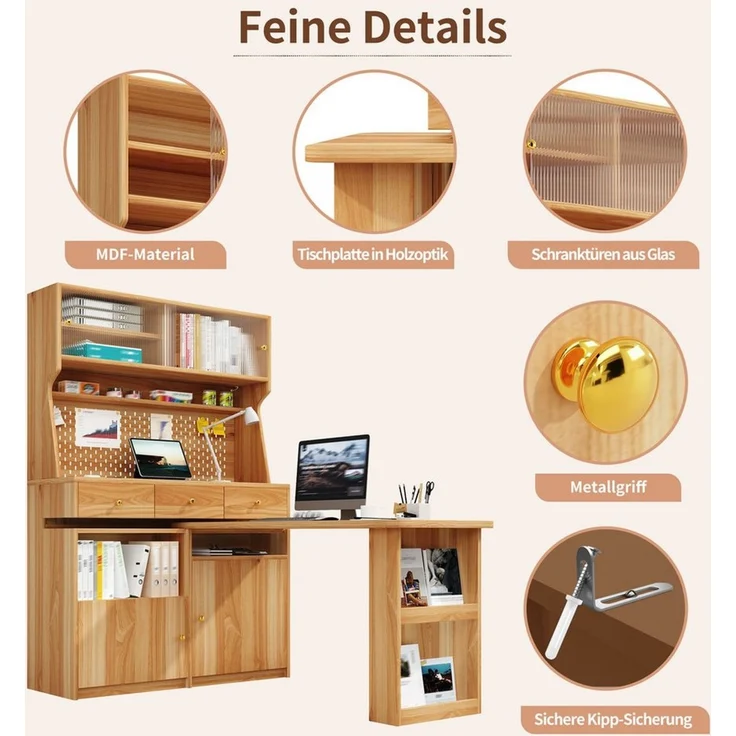 i@home Eckschreibtisch Hochschrank mit ausziehbarer Tischplatte, Schiebetüren (Küchenschrank, 2-St, mit 3 Schubladen und LED), Sideboard mit Stecktafel für Küche Esszimmer und Arbeitszimmer – Bild 3