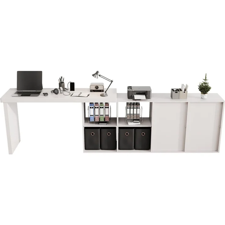 Flieks rechter Ecke 360° Drehschreibtisch, L Eckschreibtisch mit Sideboard, 4 Fächern & 4 Schubladen, 120×48×78 cm + 140×35×73.5 cm, Weiß – Bild 10