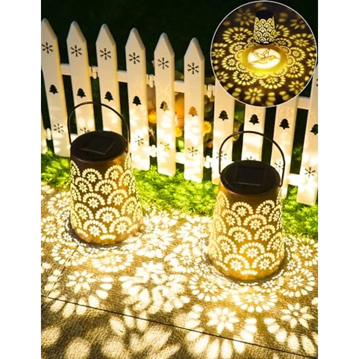 OUILA Solarlampen für Außen, 2 Stück Wetterfeste Metall Gartenleuchte mit IP65 Schutz, Dekorative Hängend Solarbeleuchtung für Balkon, Terrasse, Hof, Baum & Camping