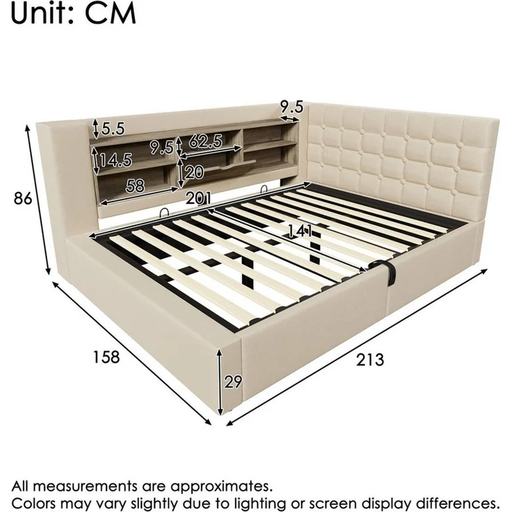 Ulife Polsterbett 140×200cm&weitere Größen mit Bettkasten, LED, hydraulischem Stauraum (1-tlg, Ohne Matratze), L-förmigem Kopfteil beidseitig montierbar, Kinderbett 140x200cm, Beige – Bild 2