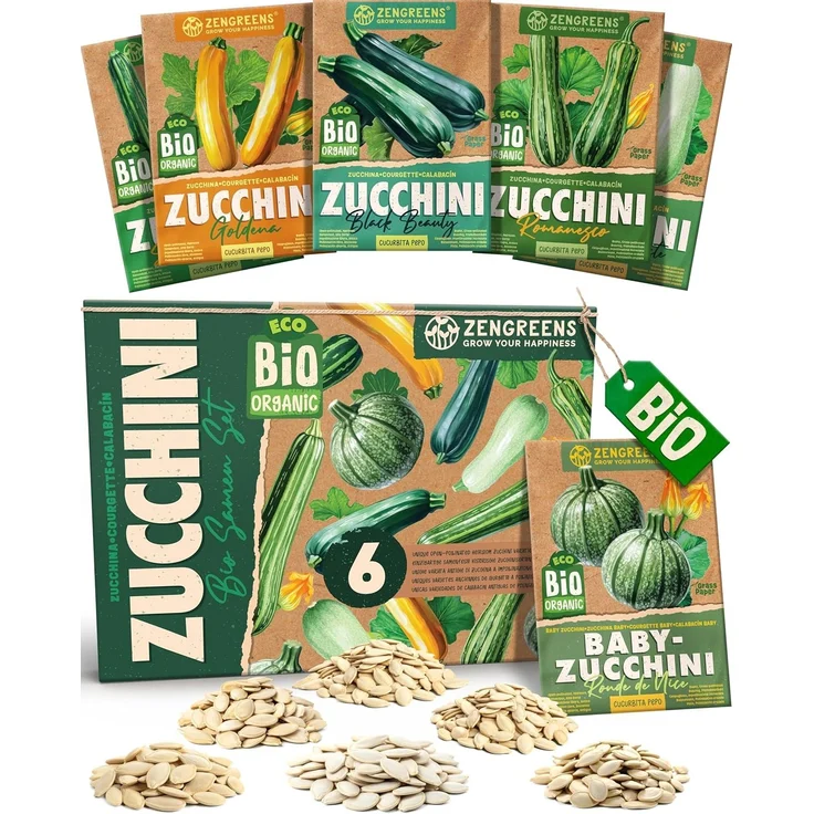 ZenGreens® - Bio Zucchinisamen im 6er Set - 6 Zucchini Samen für den einfachen Anbau im Garten, Balkon oder Hochbeet - Pflanzensamen - Saatgut – Bild 1