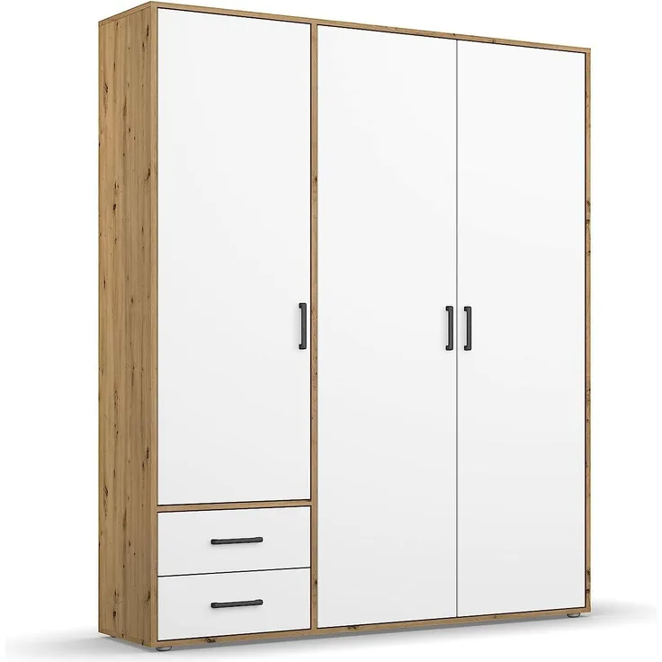Rauch Möbel Voyager Drehtürenschrank, Alpinweiß/Eiche Artisan, 3-türig mit 2 Schubladen, inkl. 1 Kleiderstange, 3 Einlegeböden BxHxT 140x194x53 cm