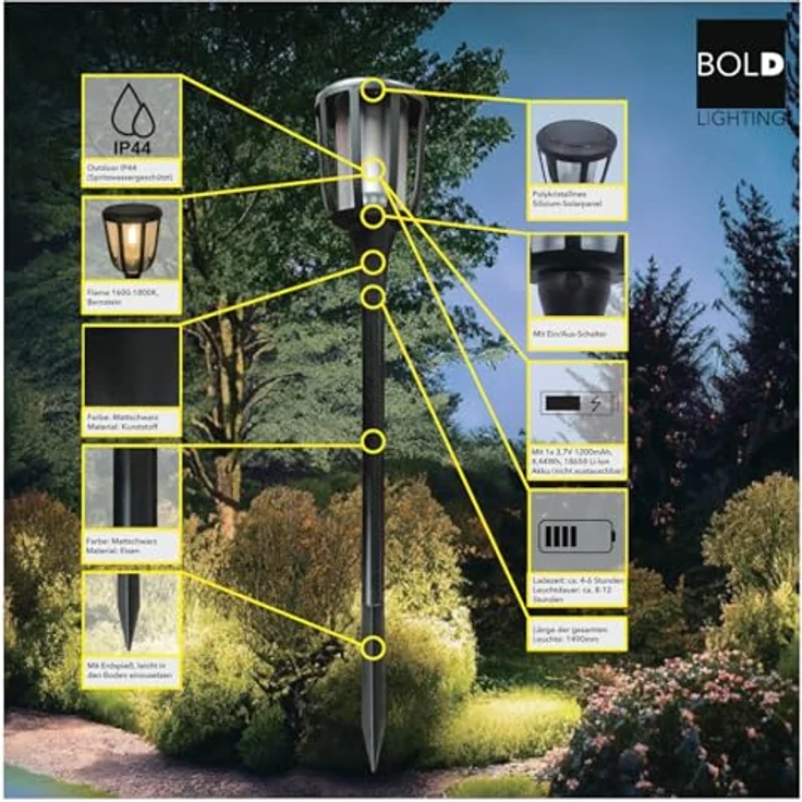 BOLD 2er Set LED Solarfackel mit Flammeneffekt - Garten Fackel Metall 149cm – Bild 4