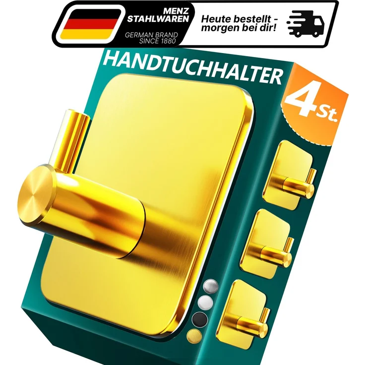 Lindenstein Handtuchhaken 4er-Set Gold – Edelstahl V2A, selbstklebend mit 3M-Pads – Bild 1