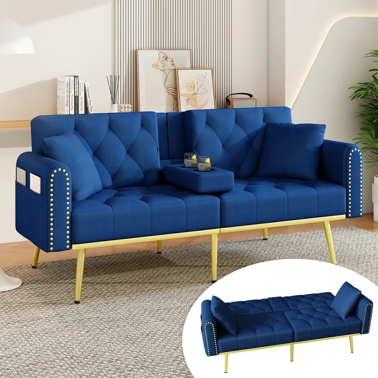 ZUBALIYA Schlafsofa 80x73.5 cm, mit LED - Beleuchtung, mit Stauraum, mit Samtbezug, mit breiten Armlehnen, Gold – Bild 1