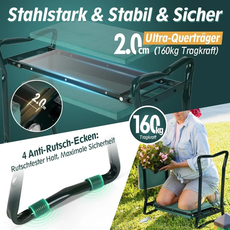 Sekey Höhenverstellbare Kniebank für Gartenarbeit Belastbarkeit 160KG, Gartenhocker Klappbar mit Werkzeugtaschen, Kniehilfe für Gartenarbeiten 60 * 50 * 28 cm, Grün (Standard) – Bild 4