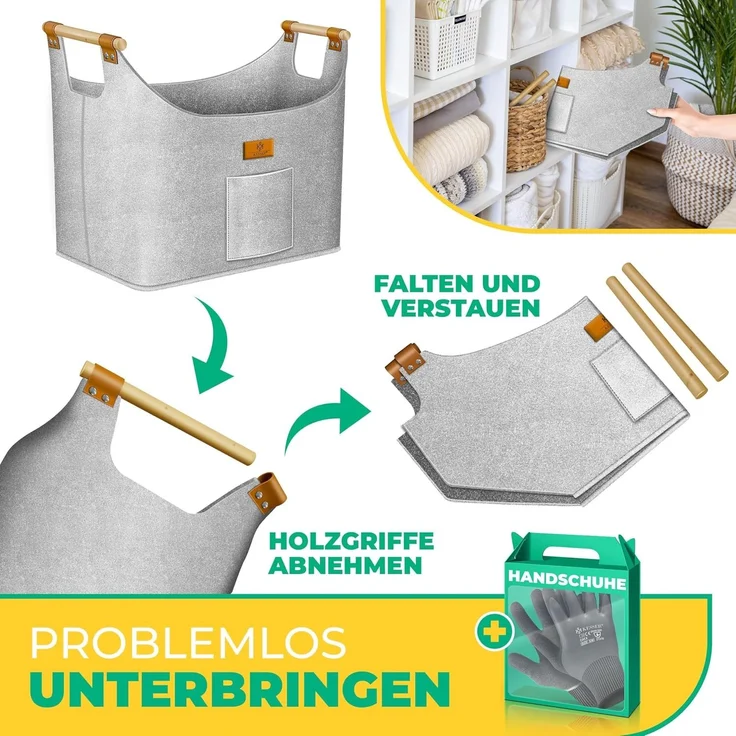KESSER® Brennholzkorb | Kaminholztasche extra dicker Filz | Feuerholzkorb faltbar mit verstärkten Holzgriffen | Aufbewahrungskorb für Holz, Zeitung oder Brennholz | Inkl. Arbeitshandschuhen Hellgrau, 60 Liter – Bild 5