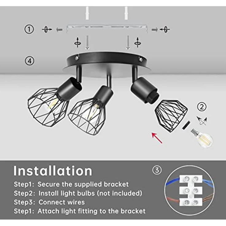 Dehobo Led Deckenstrahler Schwenkbar 350°, Deckenleuchte E14 3 Flammig Schwarz, Spotleuchte Wand, Deckenlampe Spots Led, LED Wandstrahler für Küche, Wohnzimmer, Schlafzimmer, Nein E14 Leuchtmittel – Bild 7