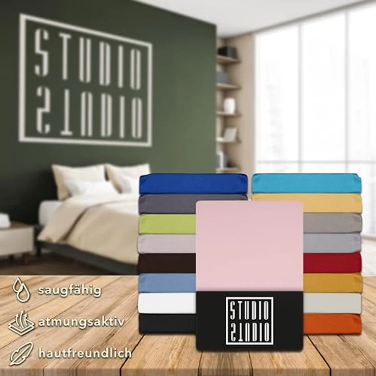 STUDIO Basic Spannbettlaken 180x200 cm, 100% gekämmte Baumwolle, Oeko-TEX 100, Markenqualität, Bettlaken Spannbetttuch Jersey 180x200 - Puder – Bild 7