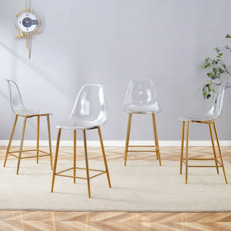 Transparentes Barhocker-Set, 4er-Pack, mit Metallgestell in Silber/Gold/Schwarz, Moderne Design-Stühle für Küche, Bar oder Esszimmer (Nur Stühle, ohne Tisch)--Gold--102x45x51cm--YOUDENOVA – Bild 2