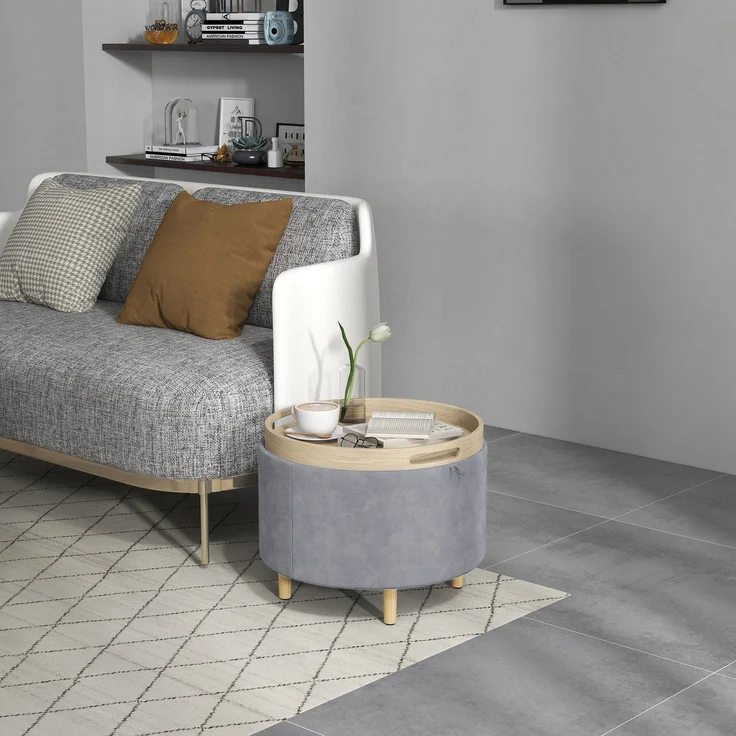 Sitzkissen mit Stauraum aus Sherpa-Stoff, max. 120 kg, mit klappbarem Tablett, aus MDF und Buche, 56 x 56 x 42 cm, grau – Bild 3