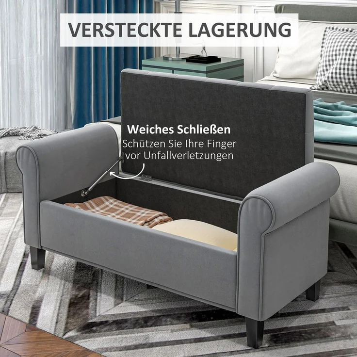 HOMCOM Polsterbank Flurbank, mit Stauraum, in Samtoptik, 126 x 48,5 x 47 cm (Bettbank, 1-St, Sitzbank), für Schlafzimmer, Grau – Bild 3