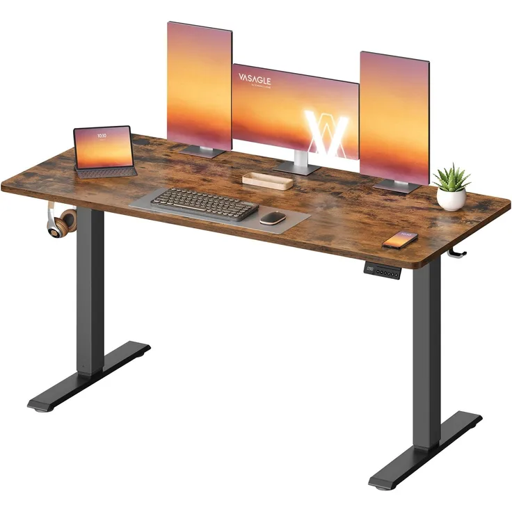 VASAGLE Höhenverstellbarer Schreibtisch, Stehtisch, Computertisch, Erinnerung bei langem Sitzen, Memory-Funktion mit 4 Höhen, für Büro, 140x60 cm, vintagebraun LSD314KD03