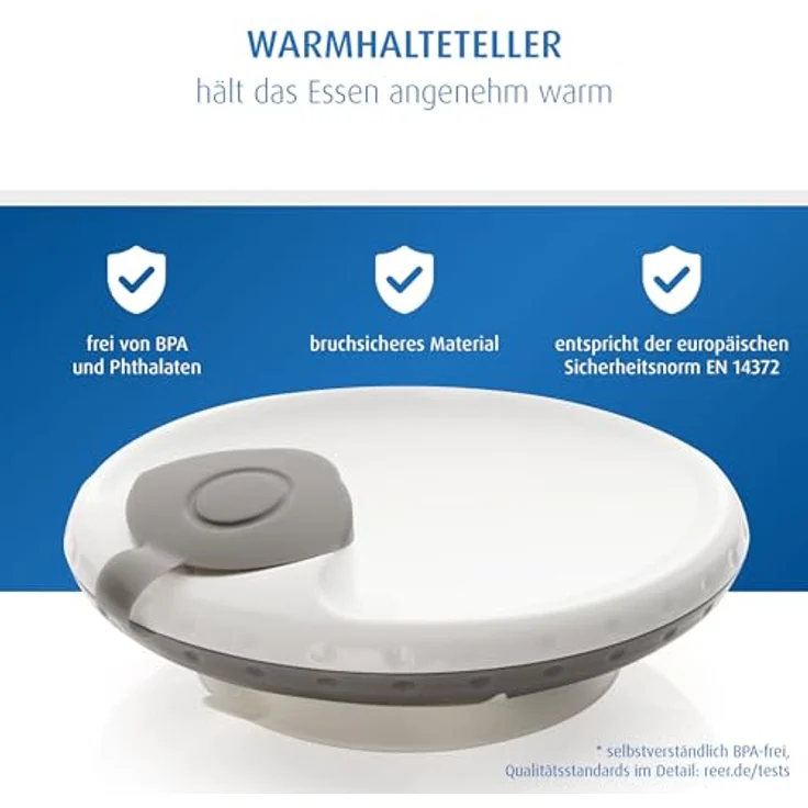 Reer Warmhalteteller mit Saugnapf, rutschfest und auslaufsicher, weiß/grau, 19,5 x 18,7 x 6,3 cm – Bild 3
