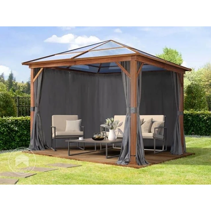 Gartenpavillon 3x3 m Holzoptik, ca 8 mm Polycarboat-Dach, 4 Seitenteile in grau – Bild 2